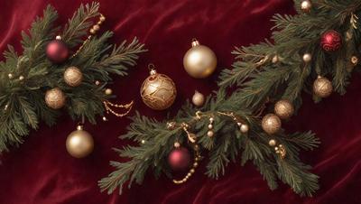 The primary subject of the image is a Christmas tree decorated with various ornaments. The tree is adorned with gold, red, and green ornaments, creating a festive and colorful display. The setting is a red background, which adds to the holiday atmosphere. The visual style of the image is a close-up of the ornaments, showcasing the intricate details of the decorations. The colors and mood of the image are warm and cheerful, evoking the spirit of the holiday season.
